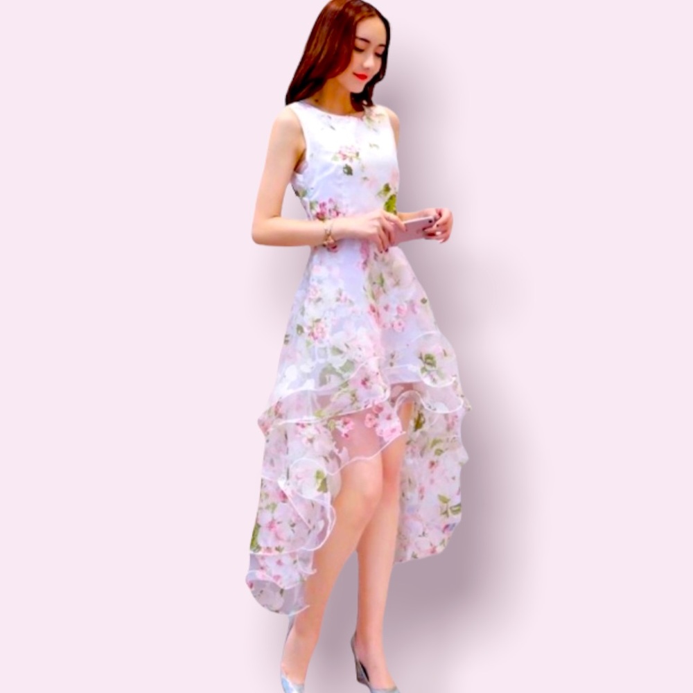 YS FLORAL PRINT HIGH-LOW FORMAL GOWN